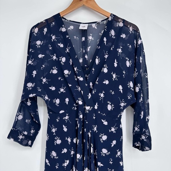 Cabi Blue Floral Print Asymmetrical Hem Midi Dress Three-Quarter Sleeves Size 6 - Picture 4 of 6